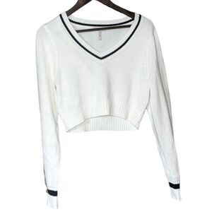 BCBG Knit Vneck Cropped Sweater Cream & Navy NWOT Preppy Sailor Nautical